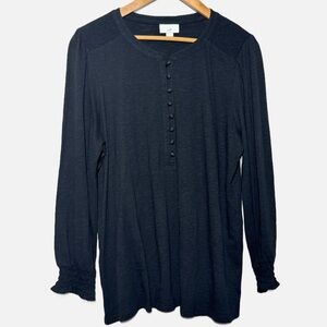 J. Jill black smocked shoulder and cuff half button long sleeve top L cotton